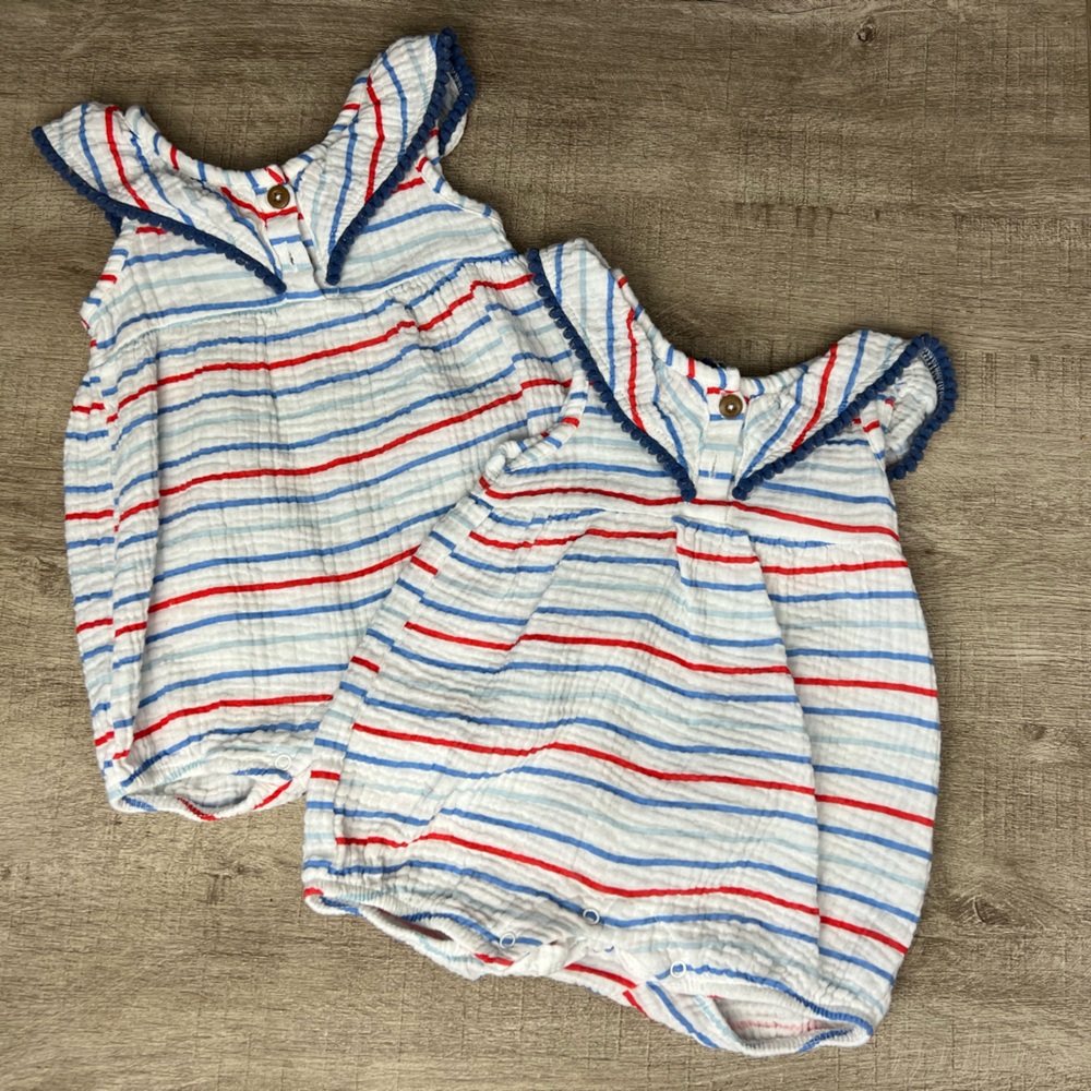 Red White & Blue Striped Romper Baby Girl 3-6M